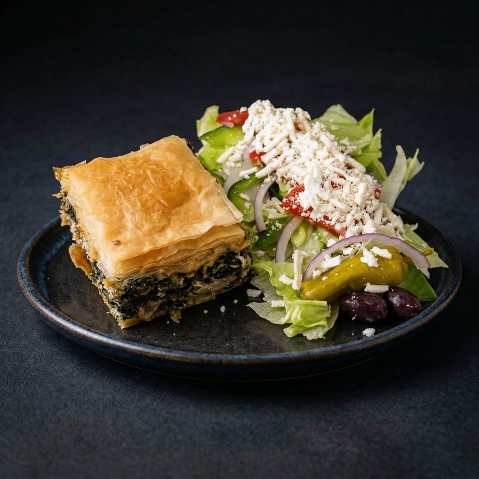 A slice of spanakopita with a side of Greek salad, topped with feta cheese, on a dark plate.