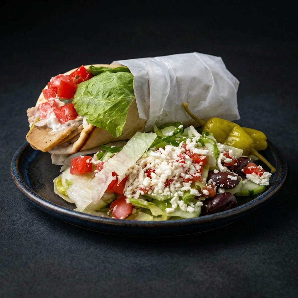 Pat's Place gyro wrapped in paper, served with a side Greek salad and pickled peppers.