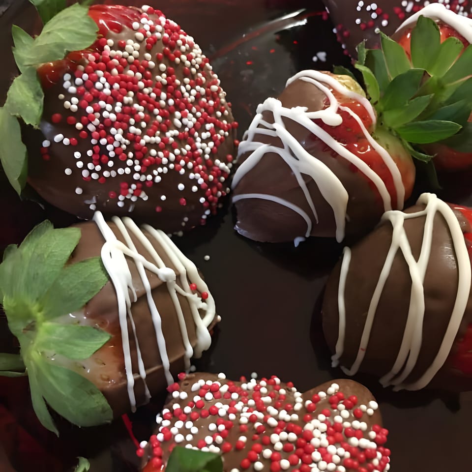 Chocolate-covered strawberries with red and white sprinkles and white icing drizzle on a dark surface.