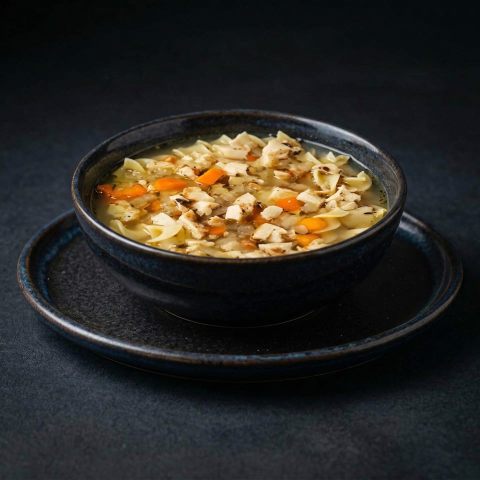 A dark blue bowl of Greek chicken noodle soup with carrots and herbs on a matching plate.