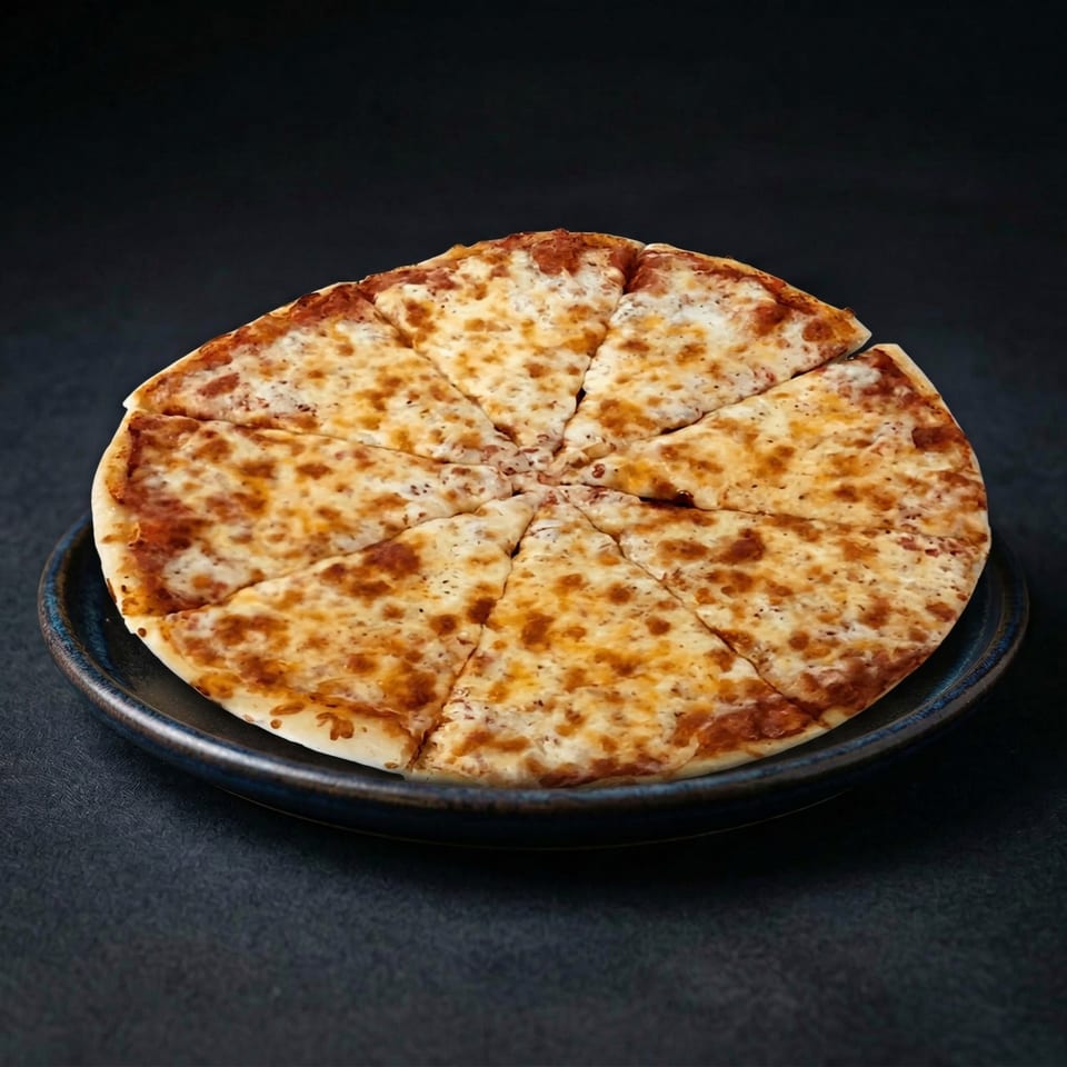 A round, sliced Greek cheese pizza with melted golden cheese on a dark plate.