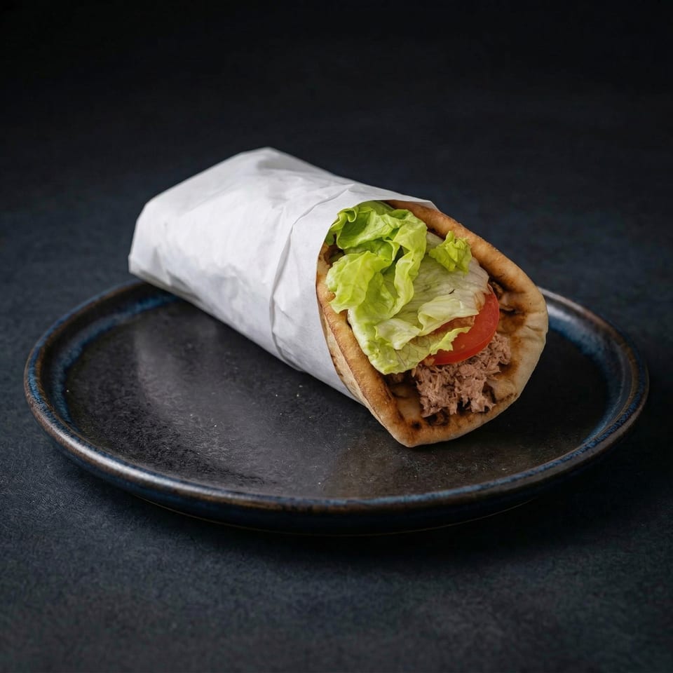 Pat's Place Greek gyro with meat, lettuce, and tomato, partially wrapped in paper, on a dark plate.
