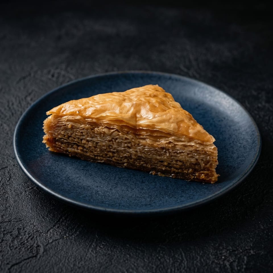 A triangular slice of golden-brown baklava, a Greek pastry, rests on a dark blue plate.